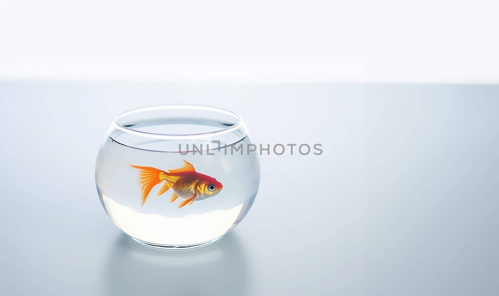 Goldfish swimming in transparent round glass bowl aquarium realistic illustration on white background with copy space. Space for text