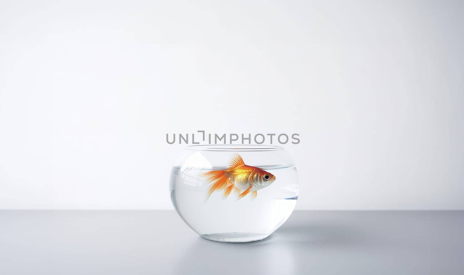 Goldfish swimming in transparent round glass bowl aquarium realistic illustration on white background with copy space. Space for text