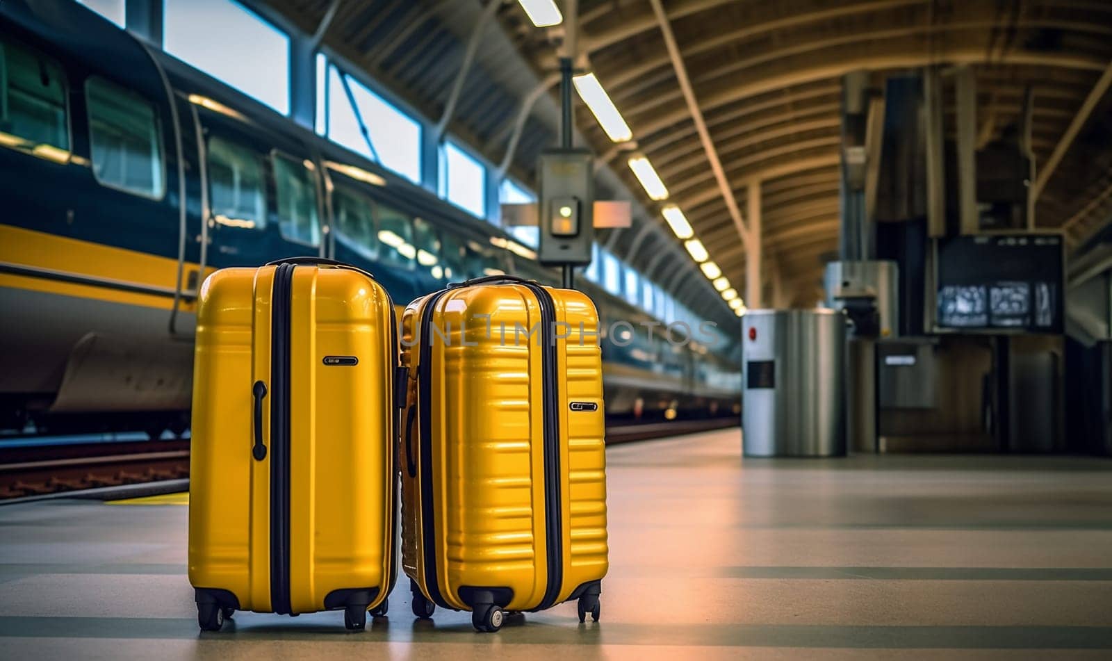 Two retro suitcases by the train on station. Suitcases stand on an empty railway platform. Empty train station. Travel,Holiday vacation concept copy space space for text