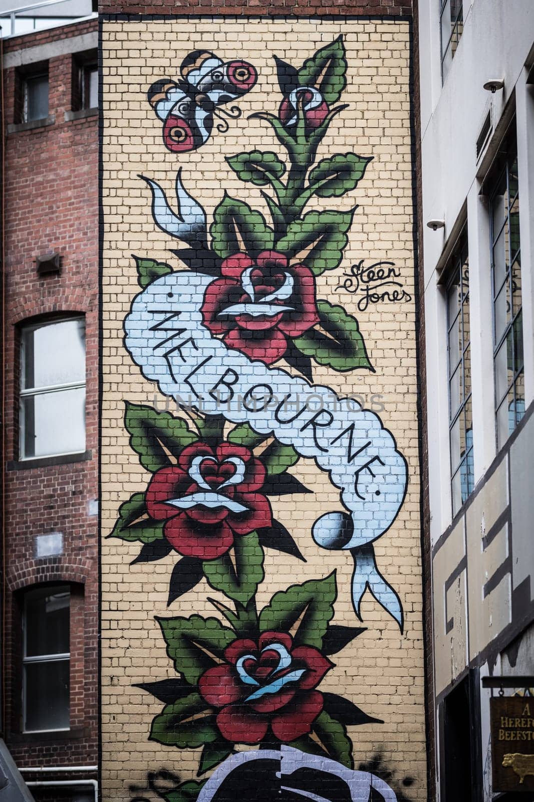 MELBOURNE, AUSTRALIA - MARCH 26, 2023 - Architectural details in Melbourne's AC/DC Lane on a cloudy overcast day in Melbourne, Victoria, Australia