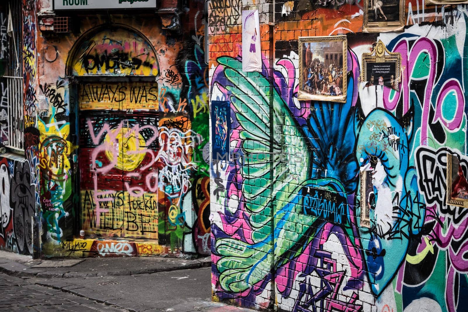 MELBOURNE, AUSTRALIA - MARCH 26, 2023 - Architectural details in Melbourne's Hosier Lane on a cloudy overcast day in Melbourne, Victoria, Australia