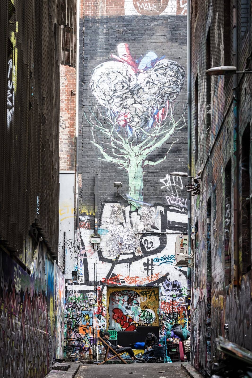 MELBOURNE, AUSTRALIA - MARCH 26, 2023 - Architectural details in Melbourne's Hosier Lane on a cloudy overcast day in Melbourne, Victoria, Australia