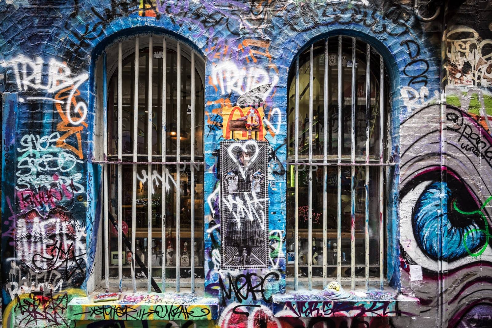 MELBOURNE, AUSTRALIA - MARCH 26, 2023 - Architectural details in Melbourne's Hosier Lane on a cloudy overcast day in Melbourne, Victoria, Australia