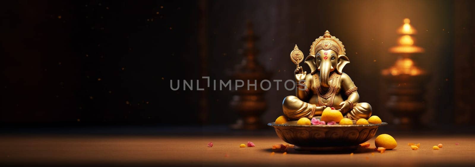 Lord Ganpati, colorful Hindu god Ganesha on dark background. Statue on wooden table with a smoke of incense and a candle. Copy space. Space for text