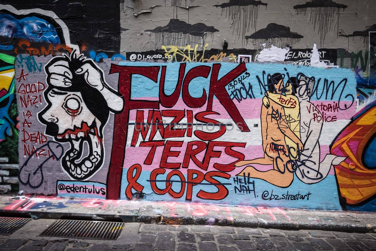 MELBOURNE, AUSTRALIA - MARCH 26, 2023 - Architectural details in Melbourne's Hosier Lane on a cloudy overcast day in Melbourne, Victoria, Australia