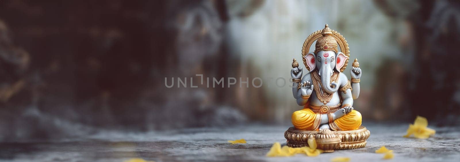 Lord Ganpati, colorful Hindu god Ganesha on dark background. Statue on wooden table with a smoke of incense and a candle. Copy space. Space for text