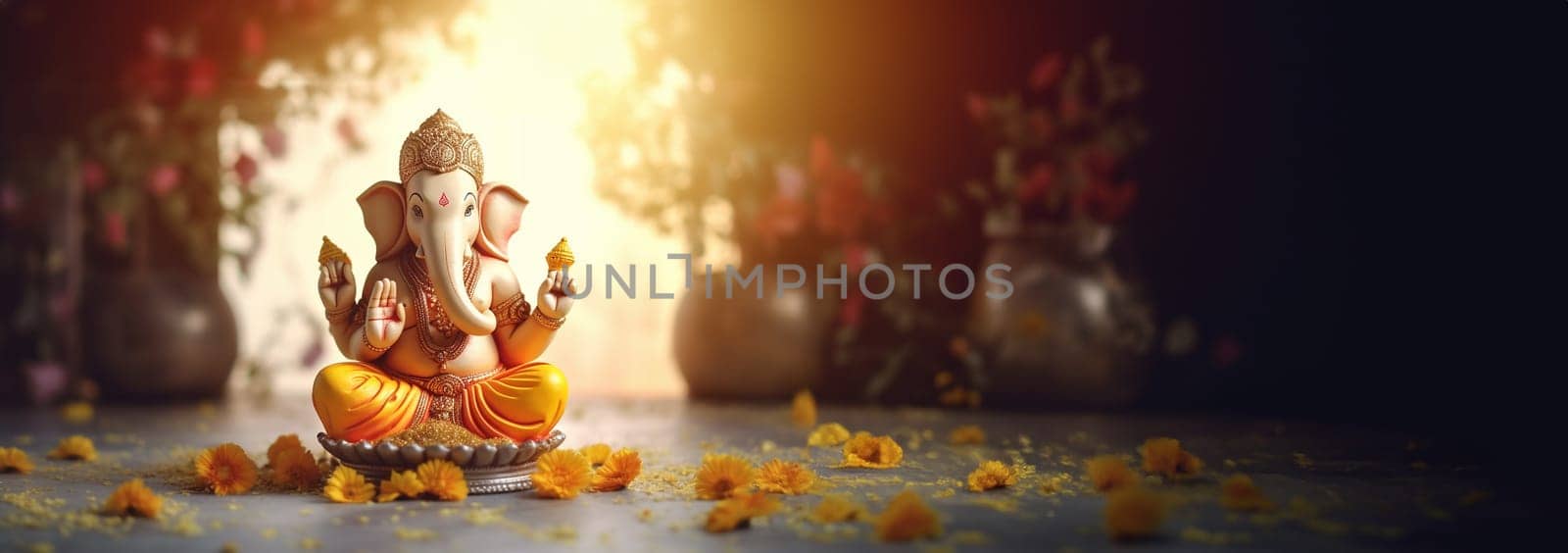 Lord Ganpati, colorful Hindu god Ganesha on dark background. Statue on wooden table with a smoke of incense and a candle. Copy space. Space for text