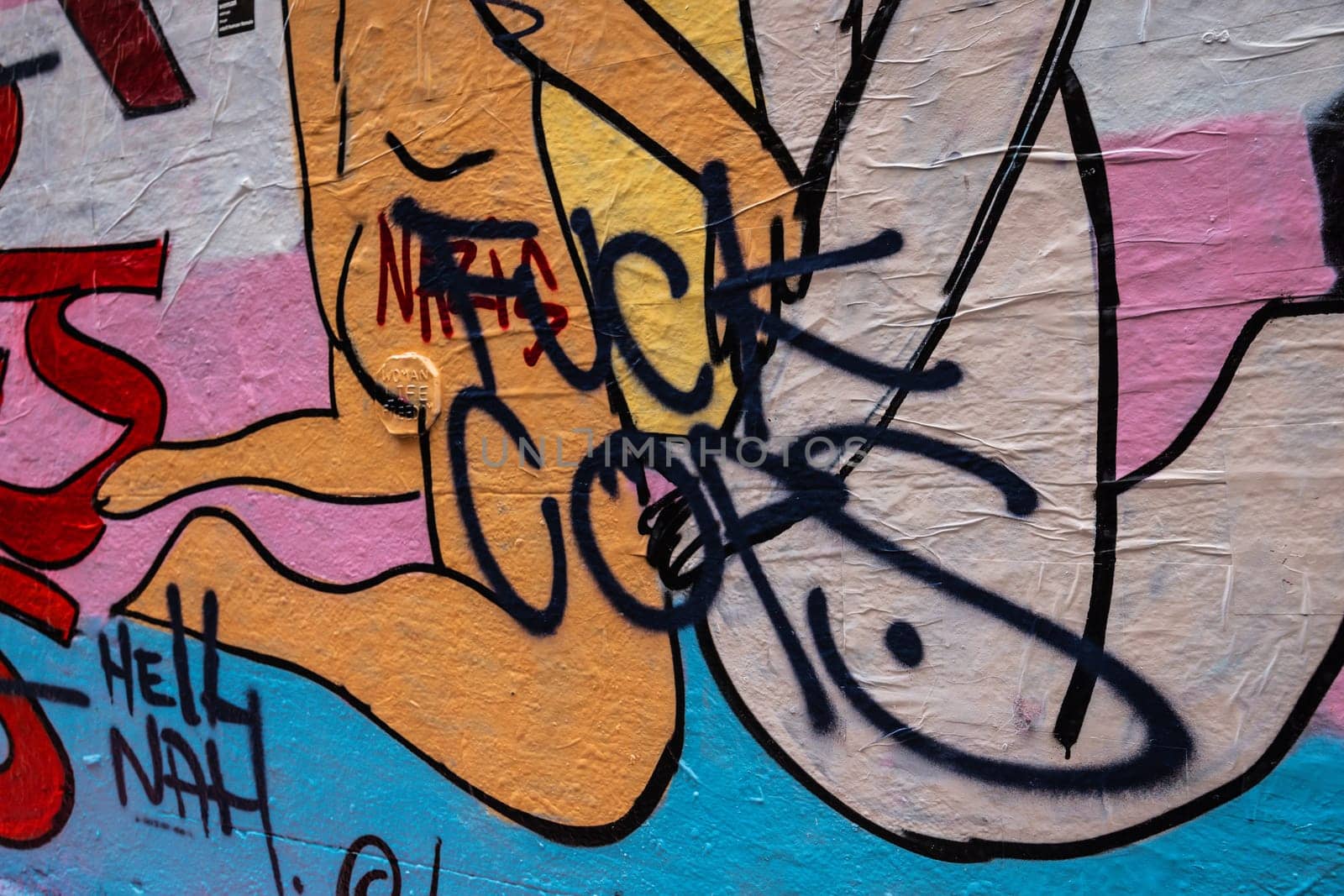 MELBOURNE, AUSTRALIA - MARCH 26, 2023 - Architectural details in Melbourne's Hosier Lane on a cloudy overcast day in Melbourne, Victoria, Australia