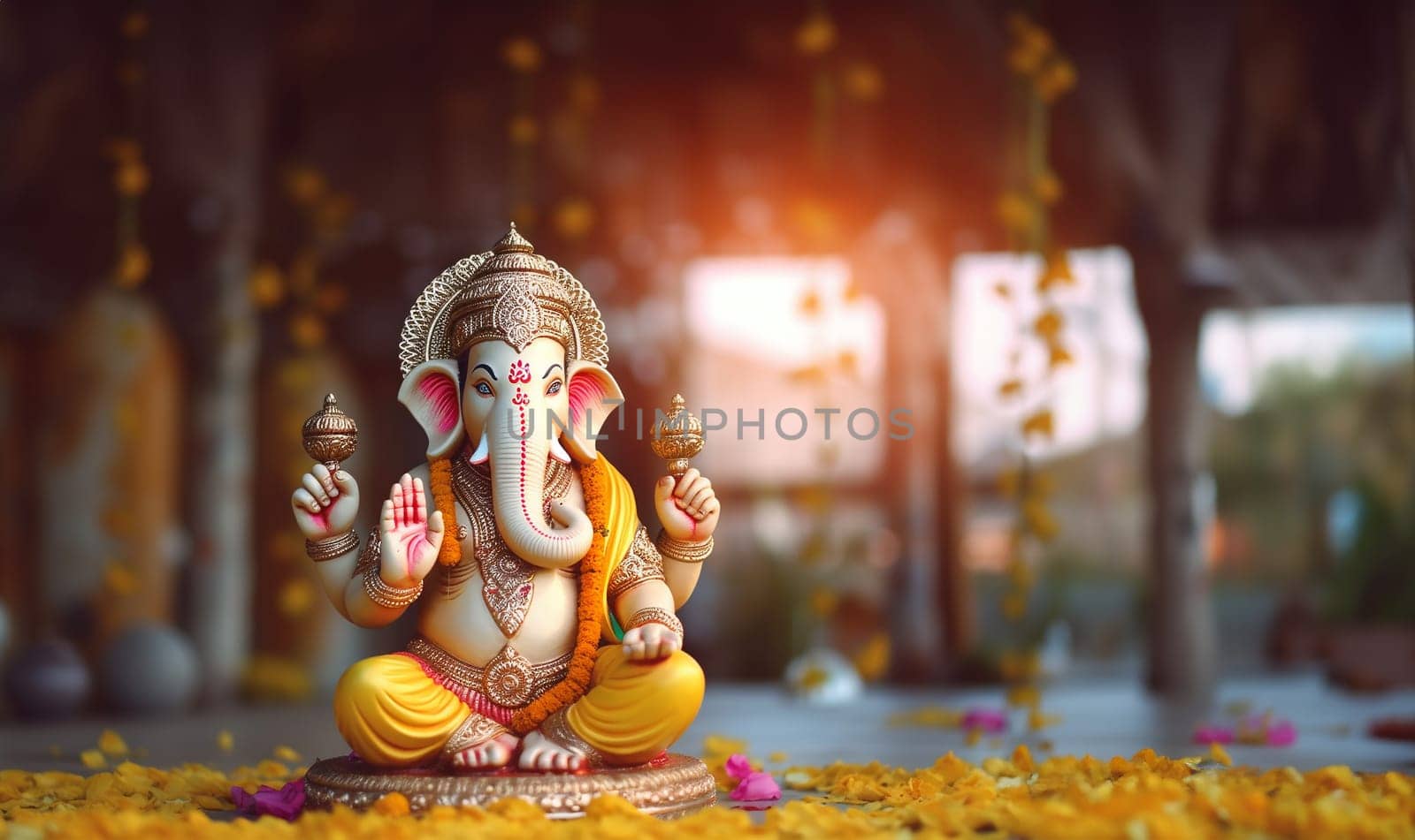 Lord Ganpati, colorful Hindu god Ganesha on dark background. Statue on wooden table with a smoke of incense and a candle. Copy space. Space for text