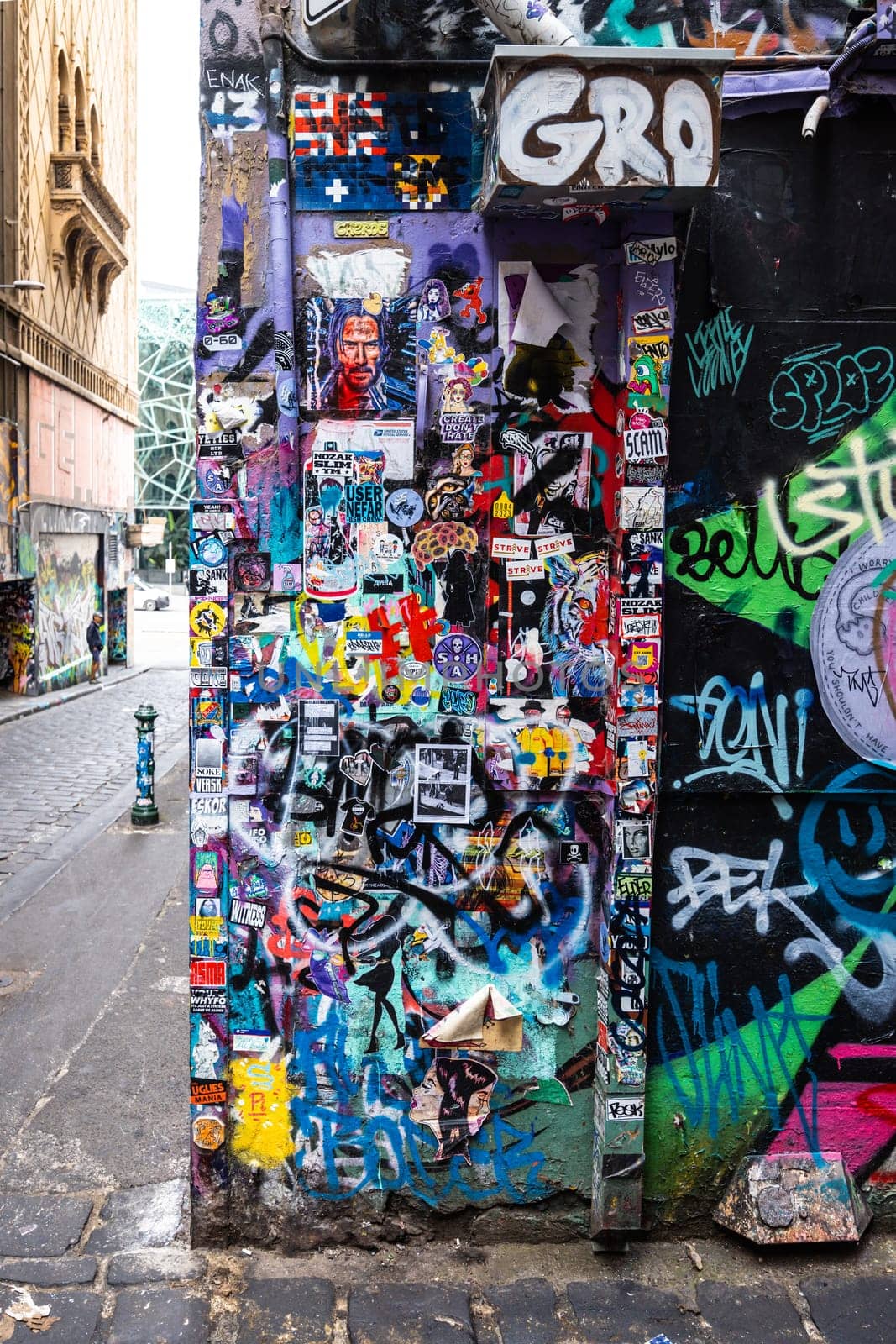 MELBOURNE, AUSTRALIA - MARCH 26, 2023 - Architectural details in Melbourne's Hosier Lane on a cloudy overcast day in Melbourne, Victoria, Australia