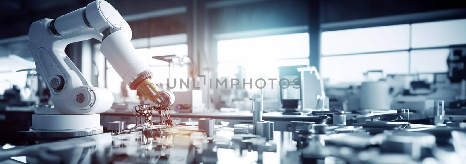 Futuristic Artificial Intelligence Robotic Arm Operates and Moves a Metal Object in lab, Picks It Up and Puts it Down. Scene is Taken in a High Tech Research Laboratory with Modern Equipment. Medical technology,robot arm concept copy space space for text