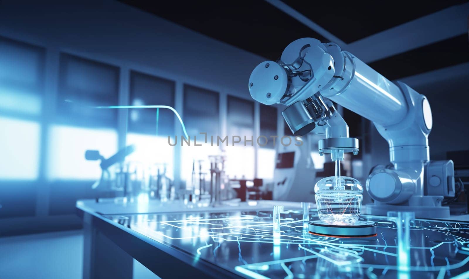 Futuristic Artificial Intelligence Robotic Arm Operates and Moves a Metal Object in lab, Picks It Up and Puts it Down. Scene is Taken in a High Tech Research Laboratory with Modern Equipment. Medical technology,robot arm concept copy space space for text