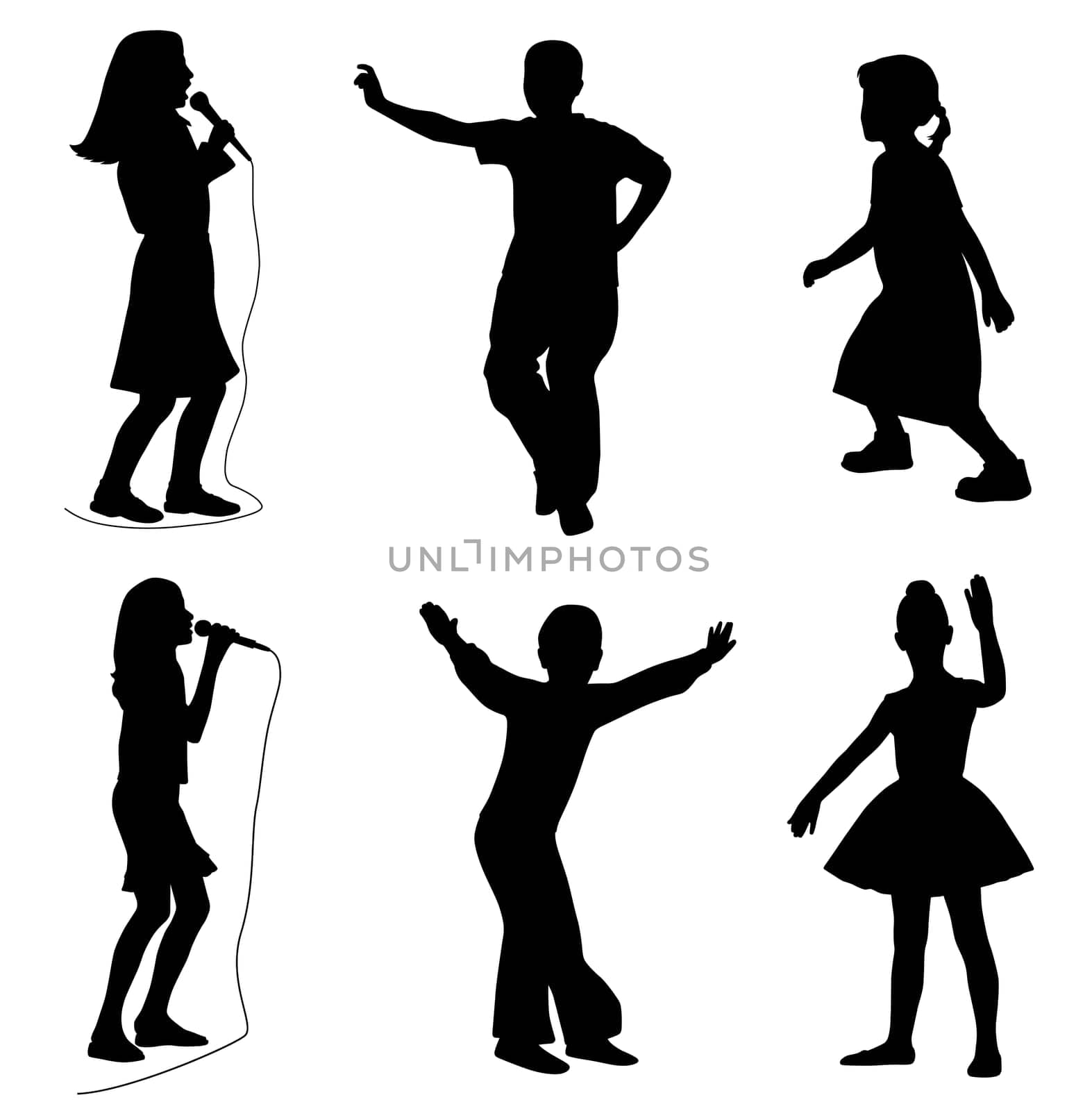 Illustration of kids singing and dancing. Isolated white background.