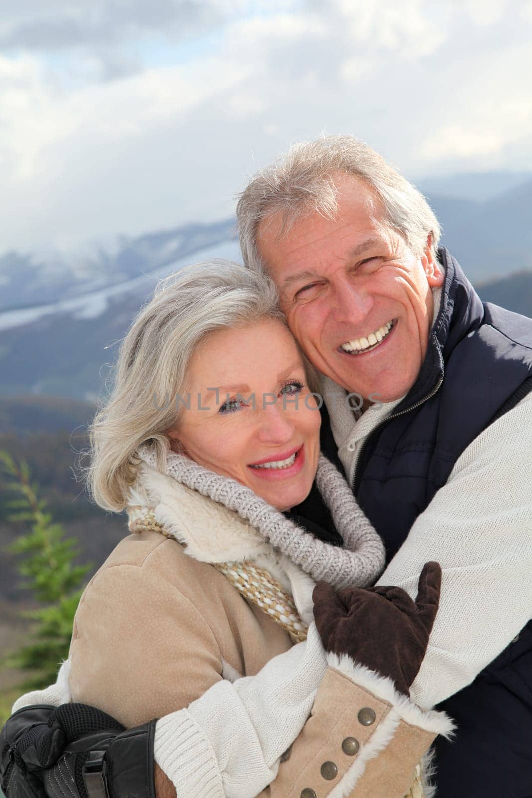 Portrait of happy senior couple at the mountain
