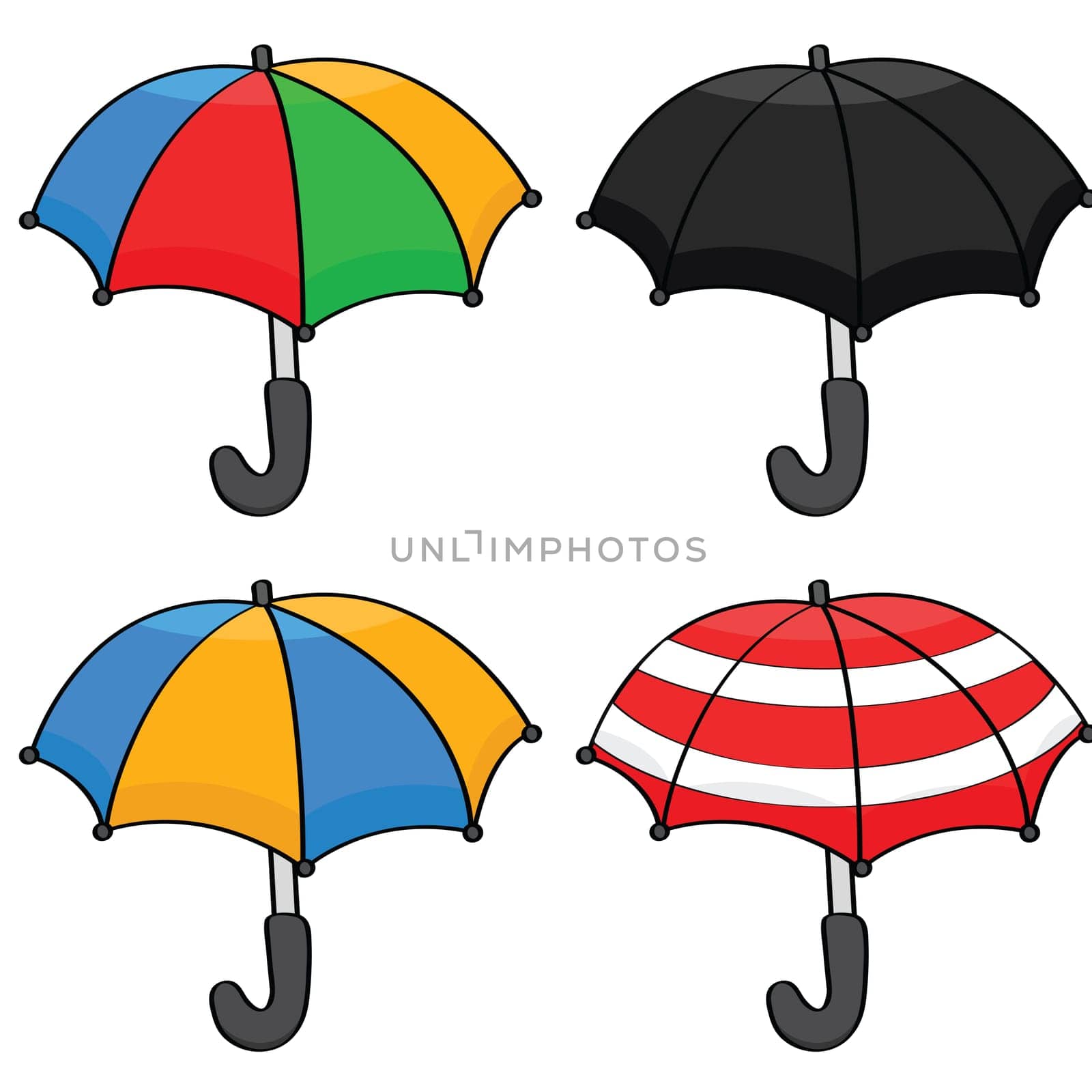 Cartoon illustration showing a set of different color and pattern umbrellas