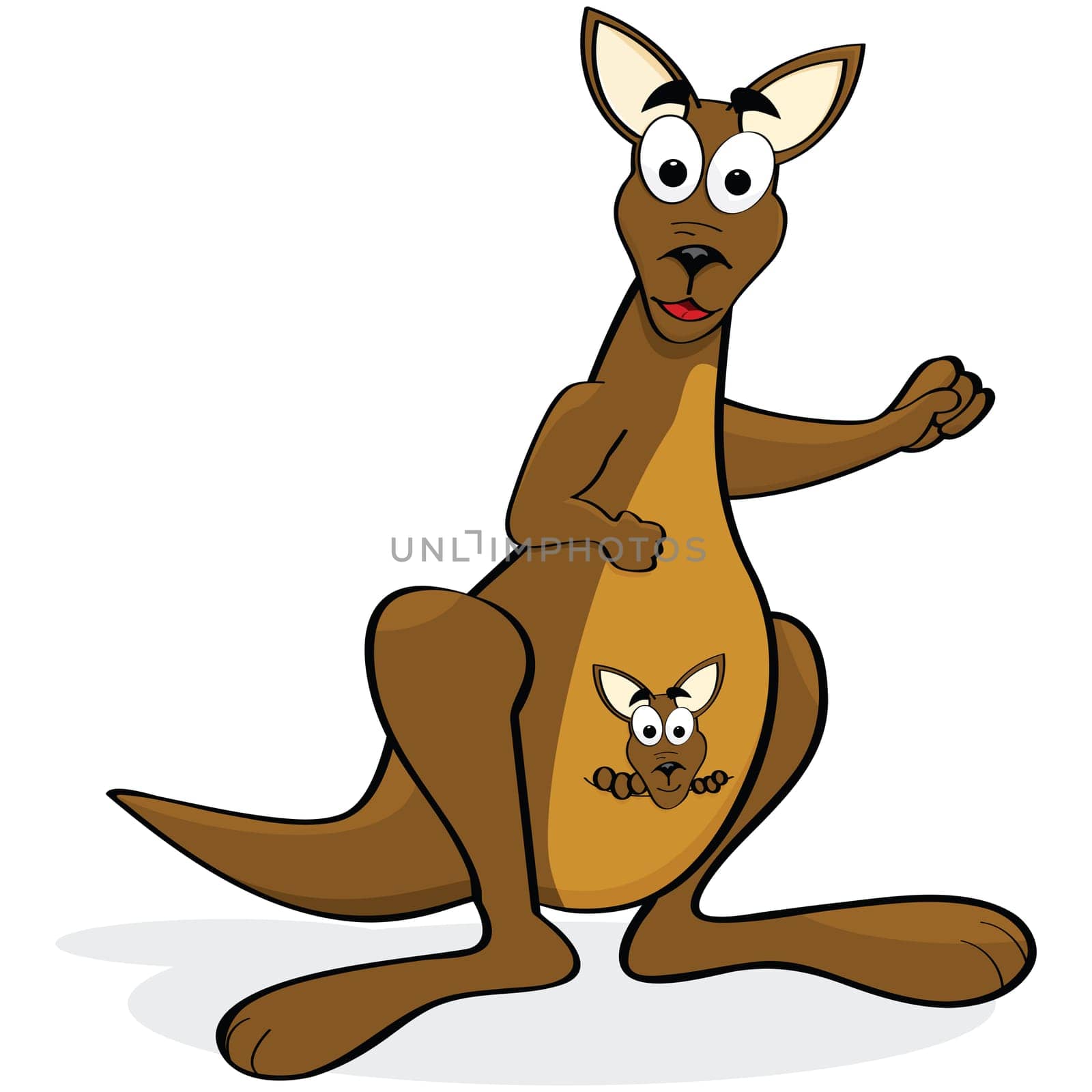 Cartoon illustration of a happy kangaroo with her joey in her pouch