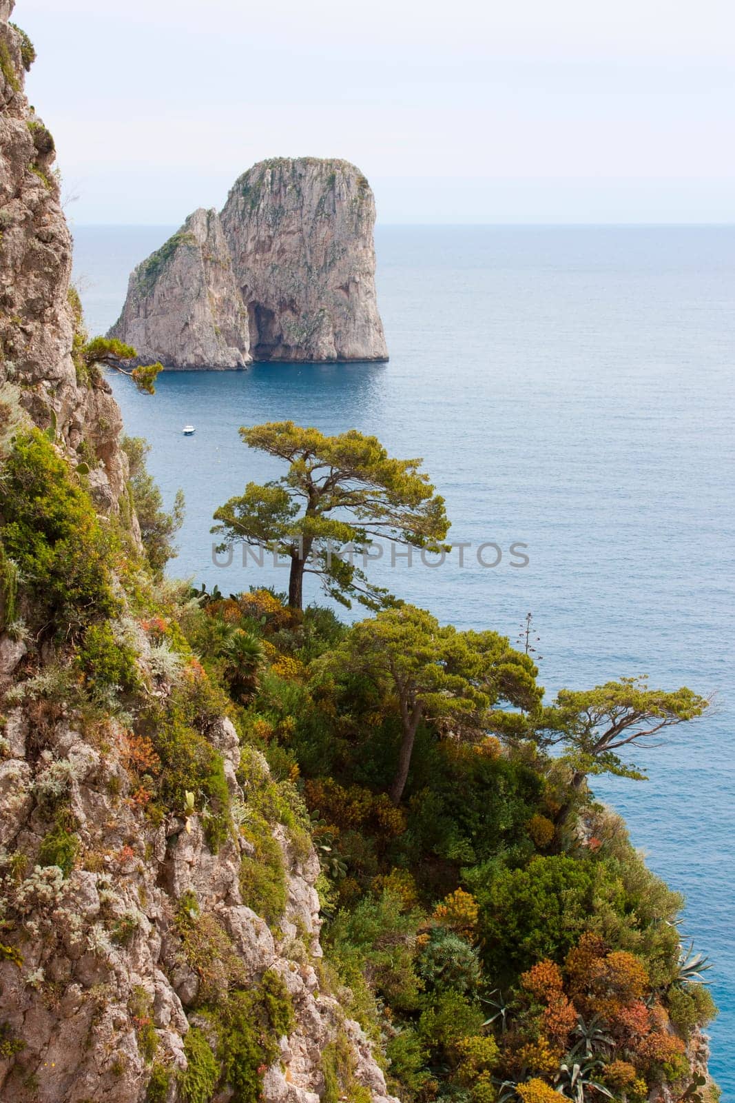 Coast of Capri Island, view of sea and sea-cliff