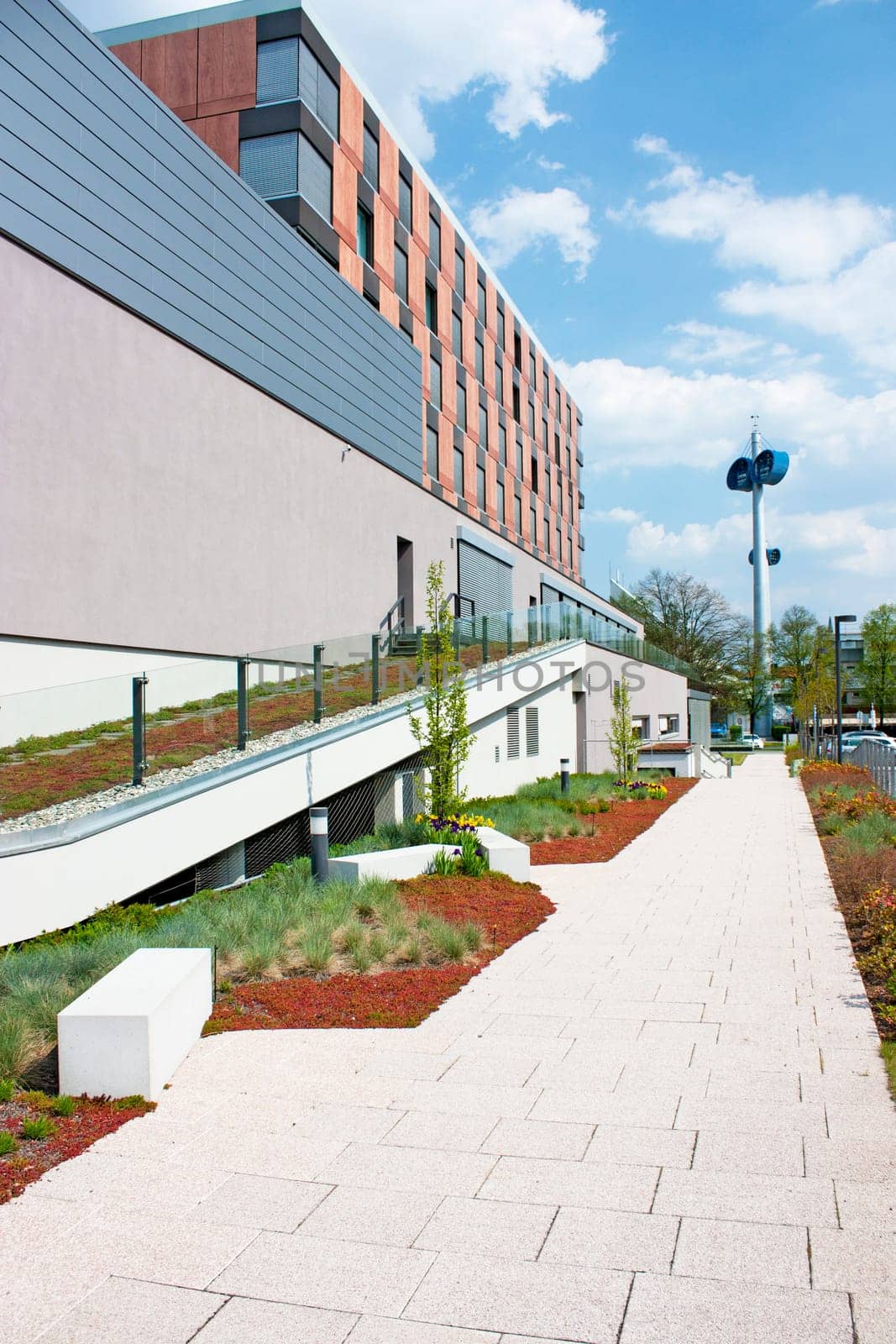 Vue of modern office building, could illustrate architecture or business