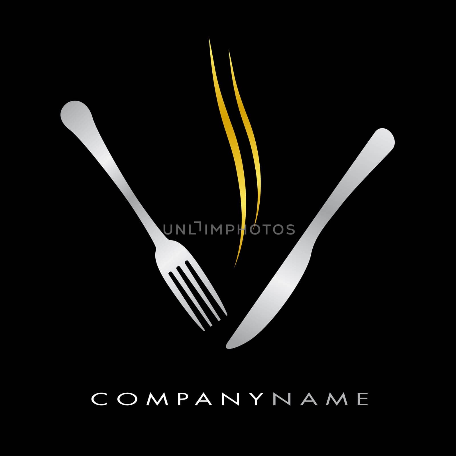 Symbole restauration, avec fourchette, couteau et fumée saveur or