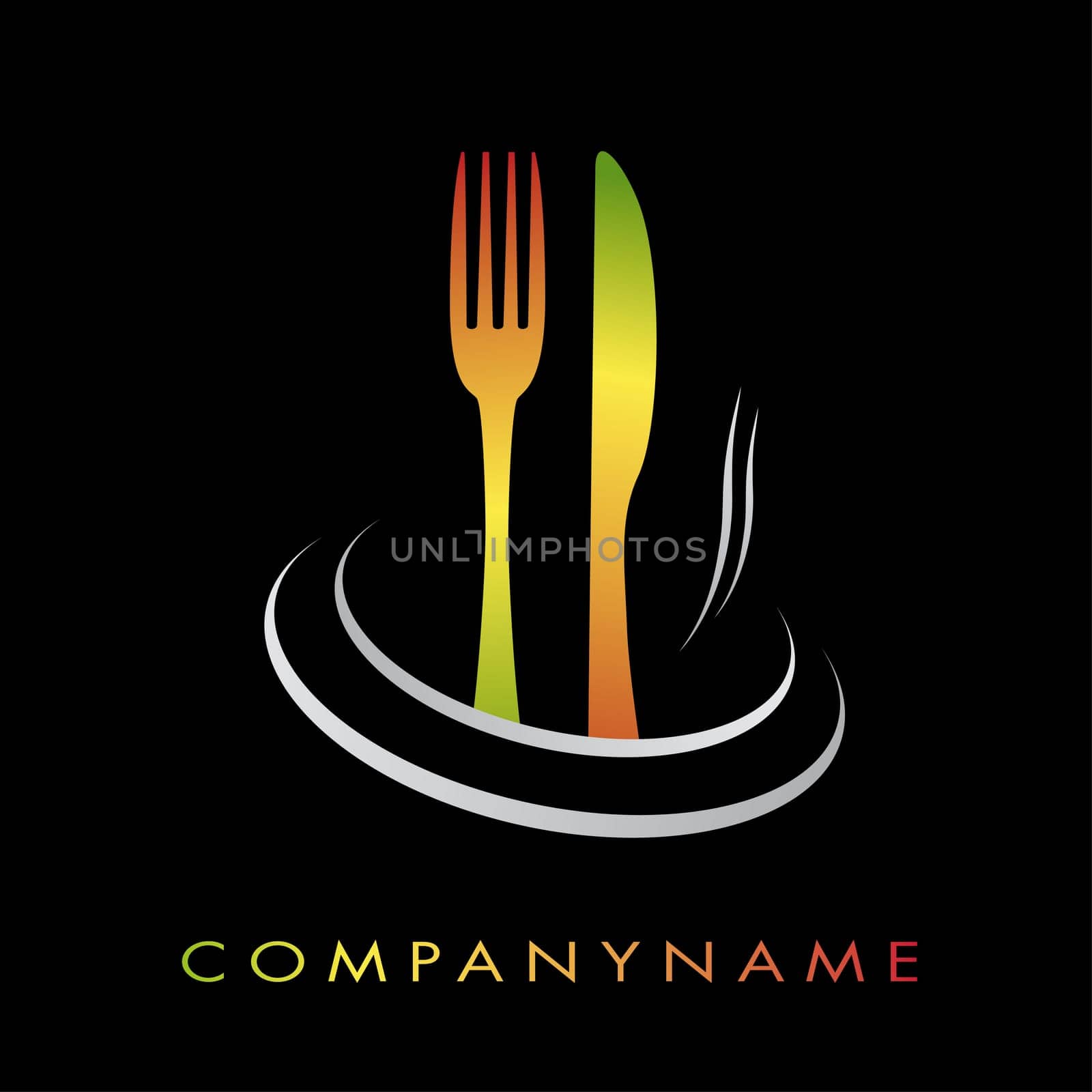 Symbole restauration couleur, avec couteau, fourchette et fumée saveur