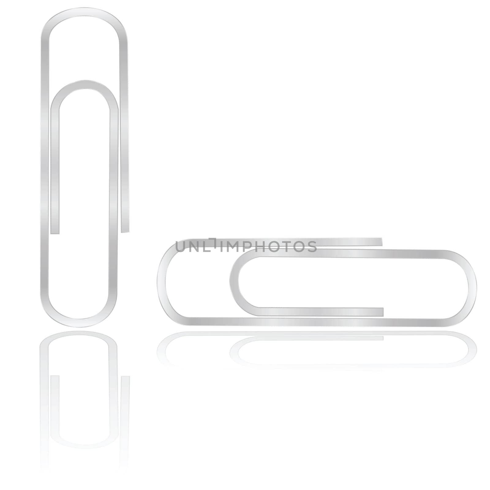 Illustration showing a couple of paper clips reflected on a white background