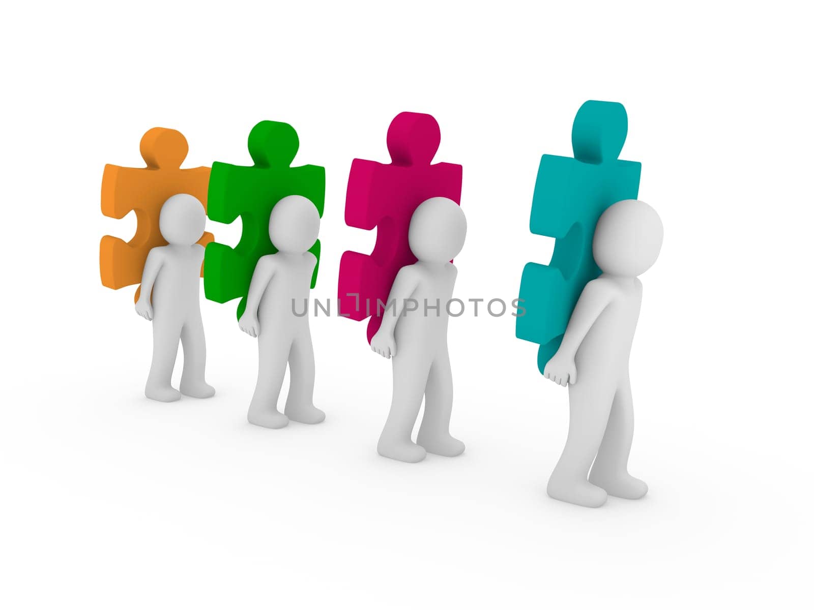 3d men puzzle teamwork pink blue green orange