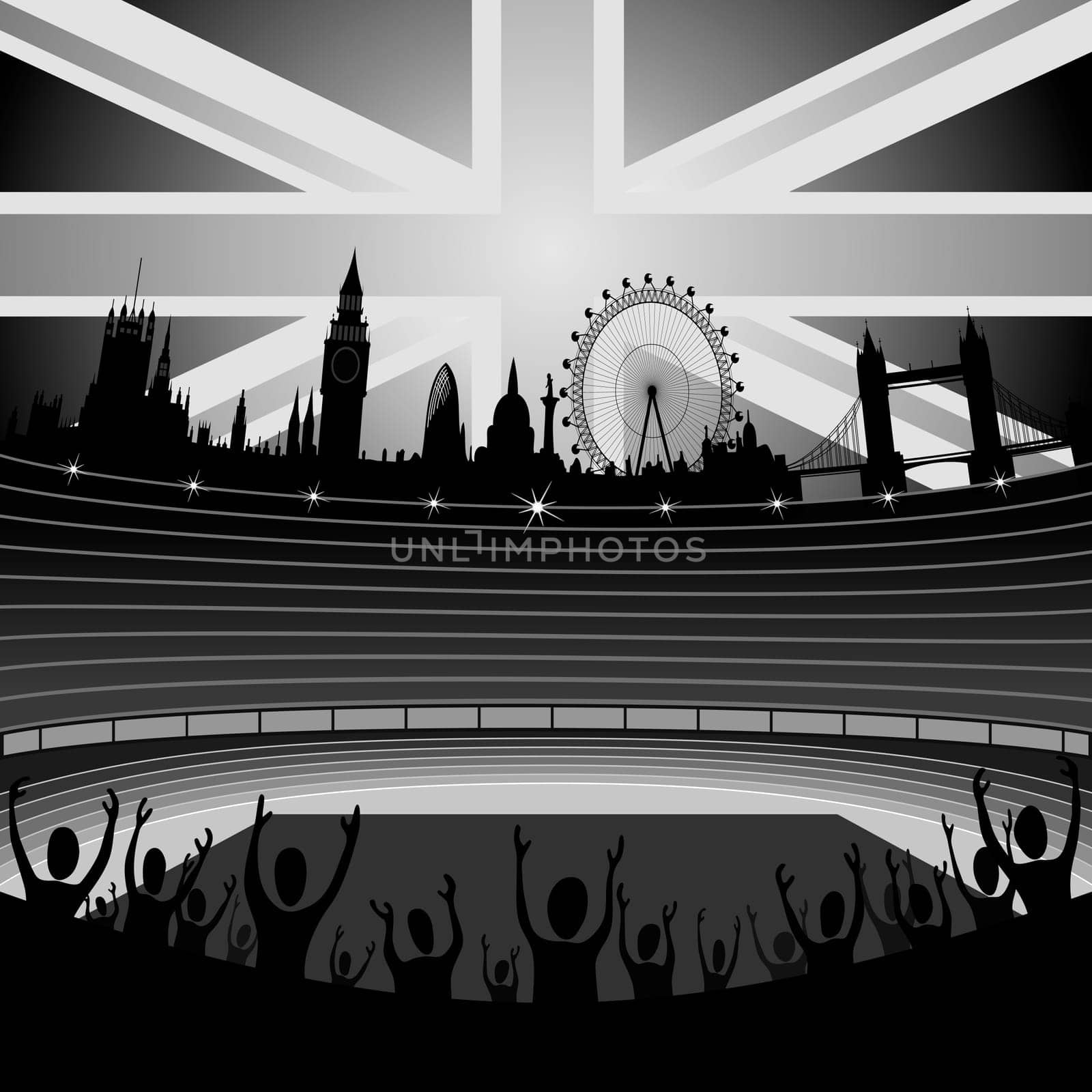 Illustration of the stadium with the London skyline on the horizon - London city - organizer of the Olympic Games 2012
