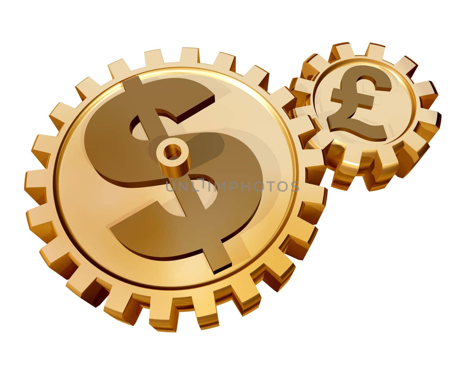 Illustration of two gears showing a relationship and influence of the dollar on the pound