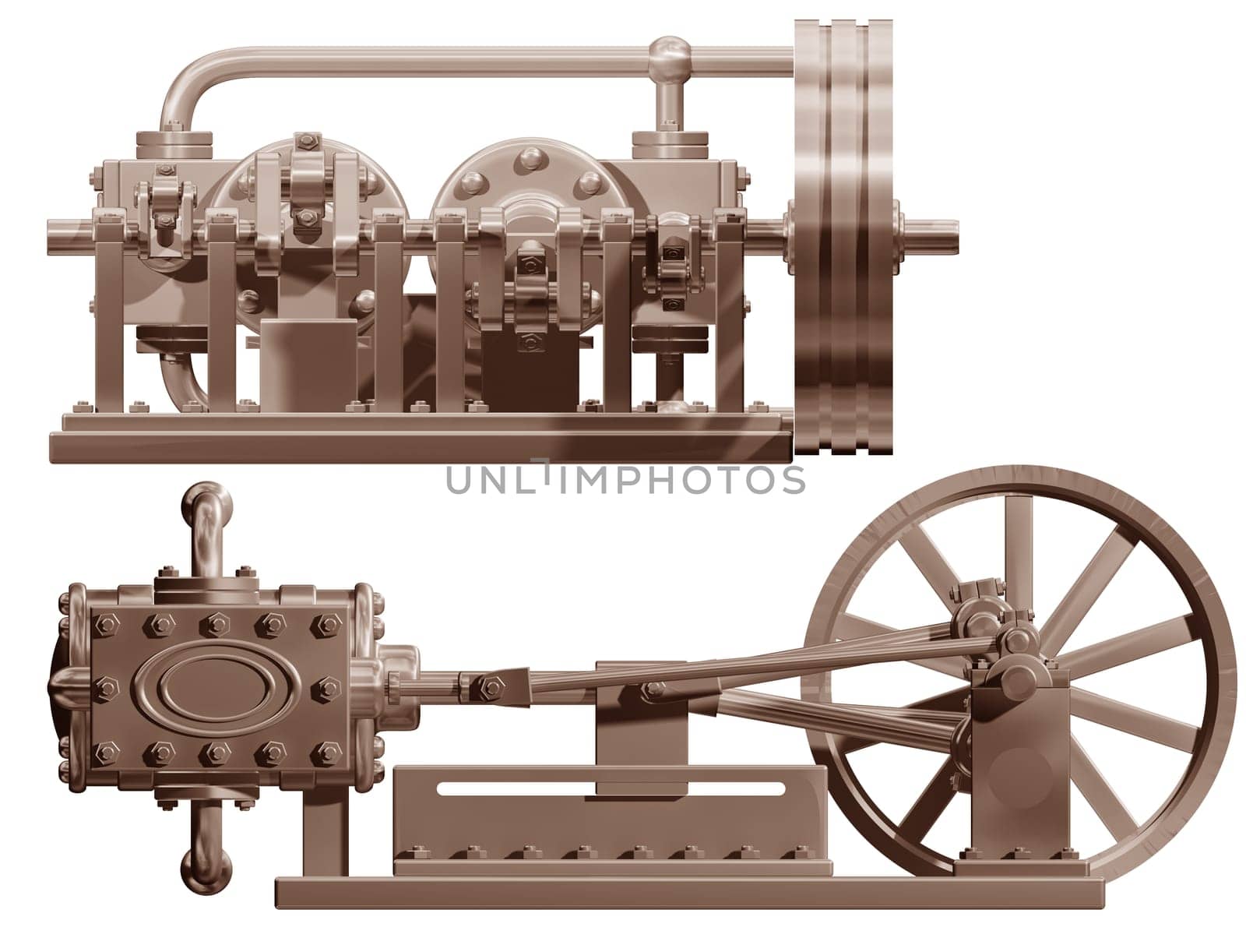 Original illustration of a steam engine front and side