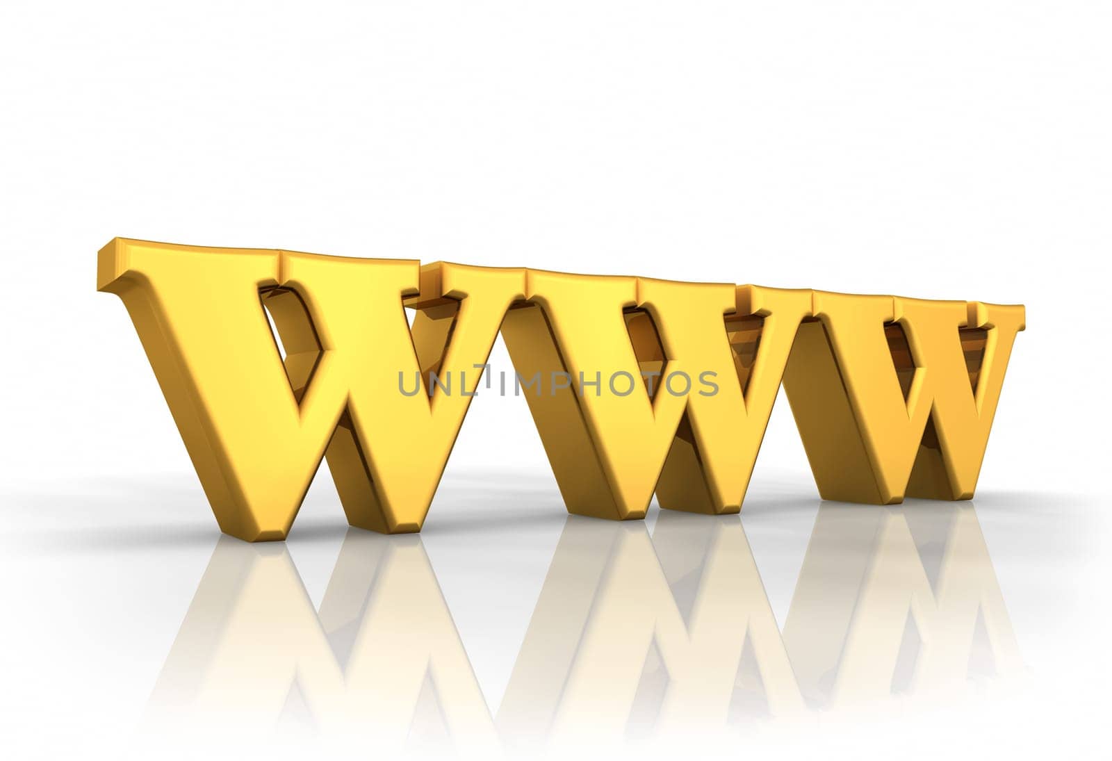 Gold letters WWW isolated on white background, 3D rendering