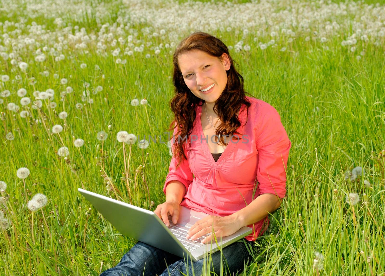 Young woman with laptop in a meadow