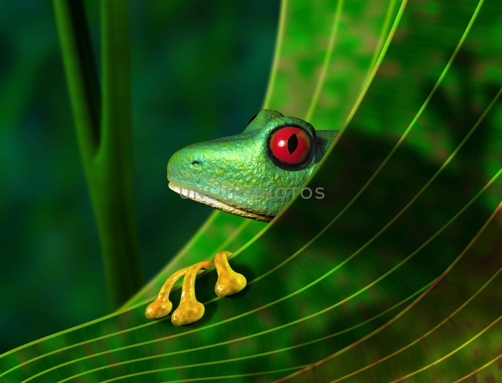 Illustration of an endangered red eyed tree frog peering from behind a leaf in the rainforest