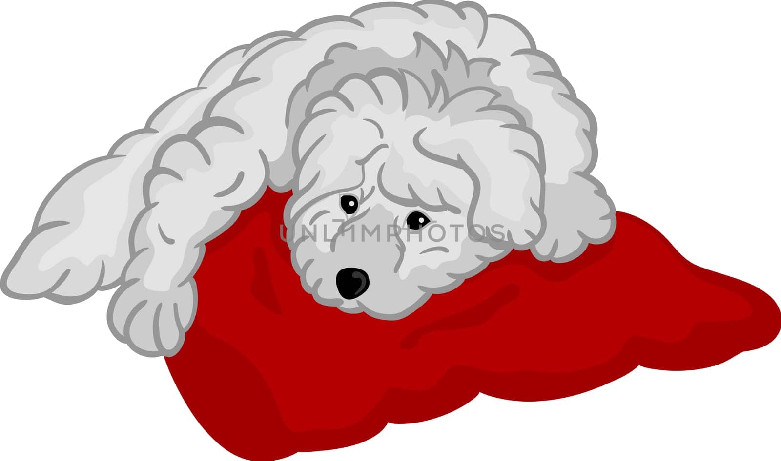 vector - small puppy lying on red pad, isolated on background