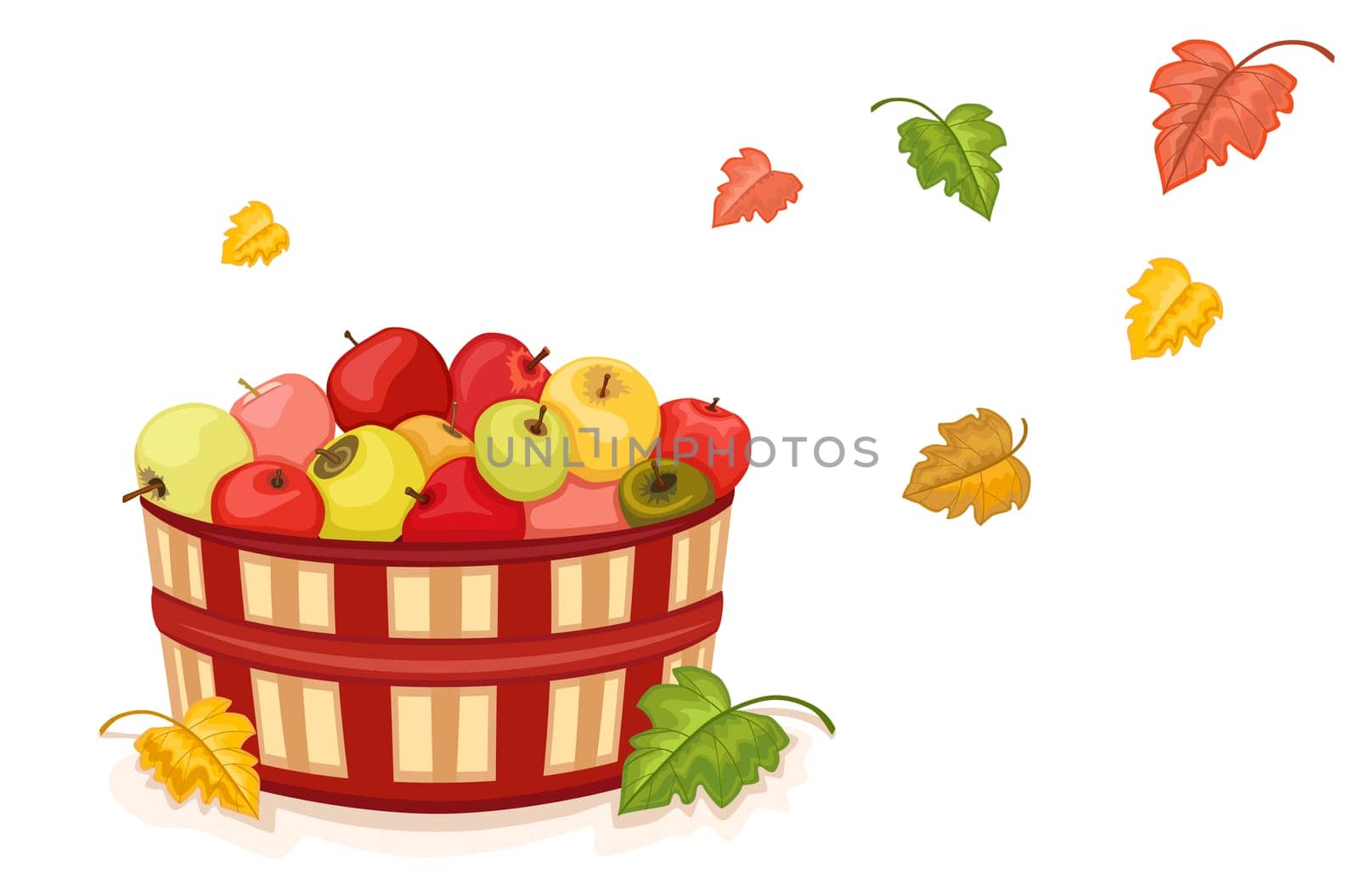 Autumn harvest with wicker basket filled with tasty apples. Isolated over white background.