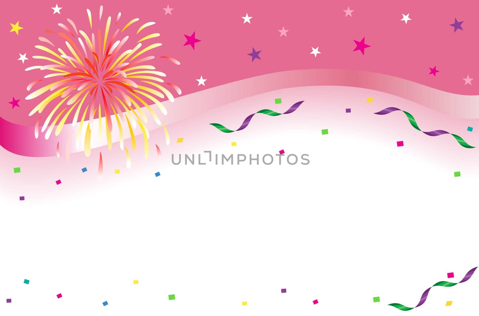 Celebrations and party banner with sparkling fireworks and colorful confetti. Isolated over white background with room for your text.