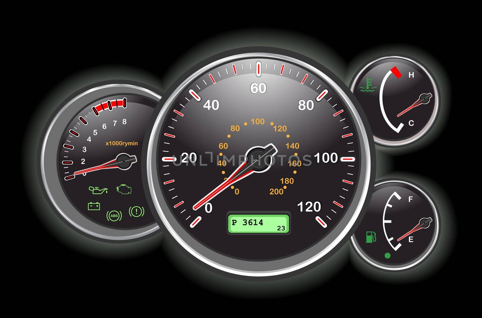 Car speedometer and dashboard at night.