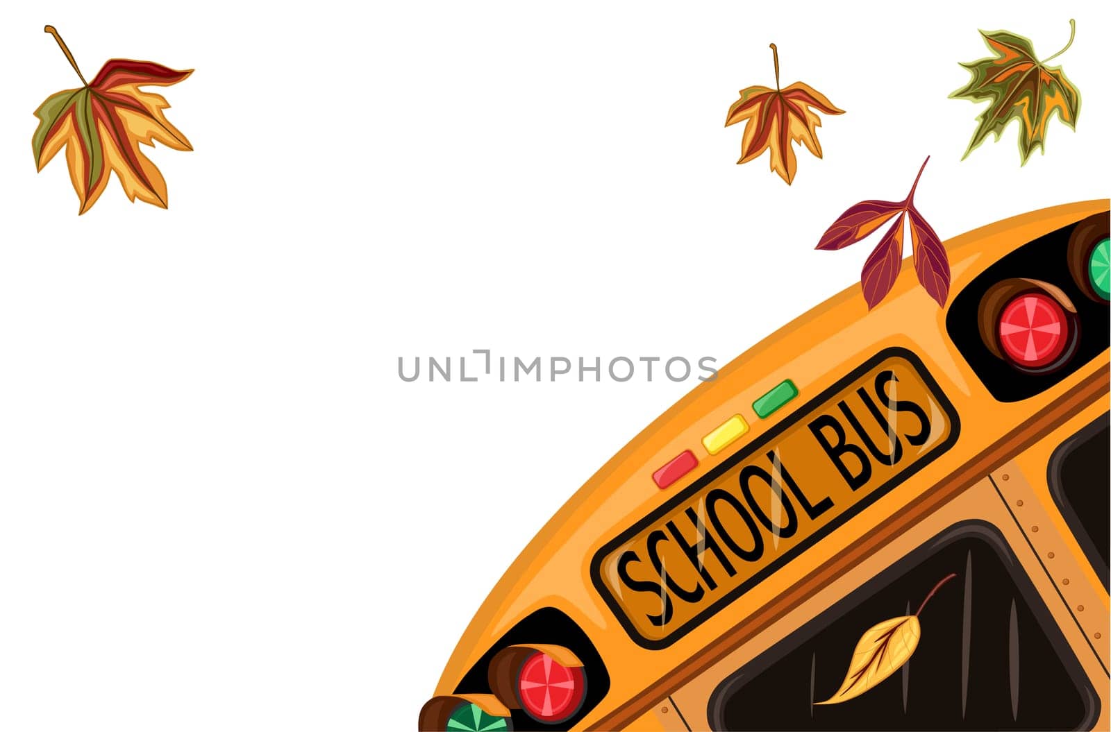 Back to School in September with school bus and autumn leaves. Isolated over white background.