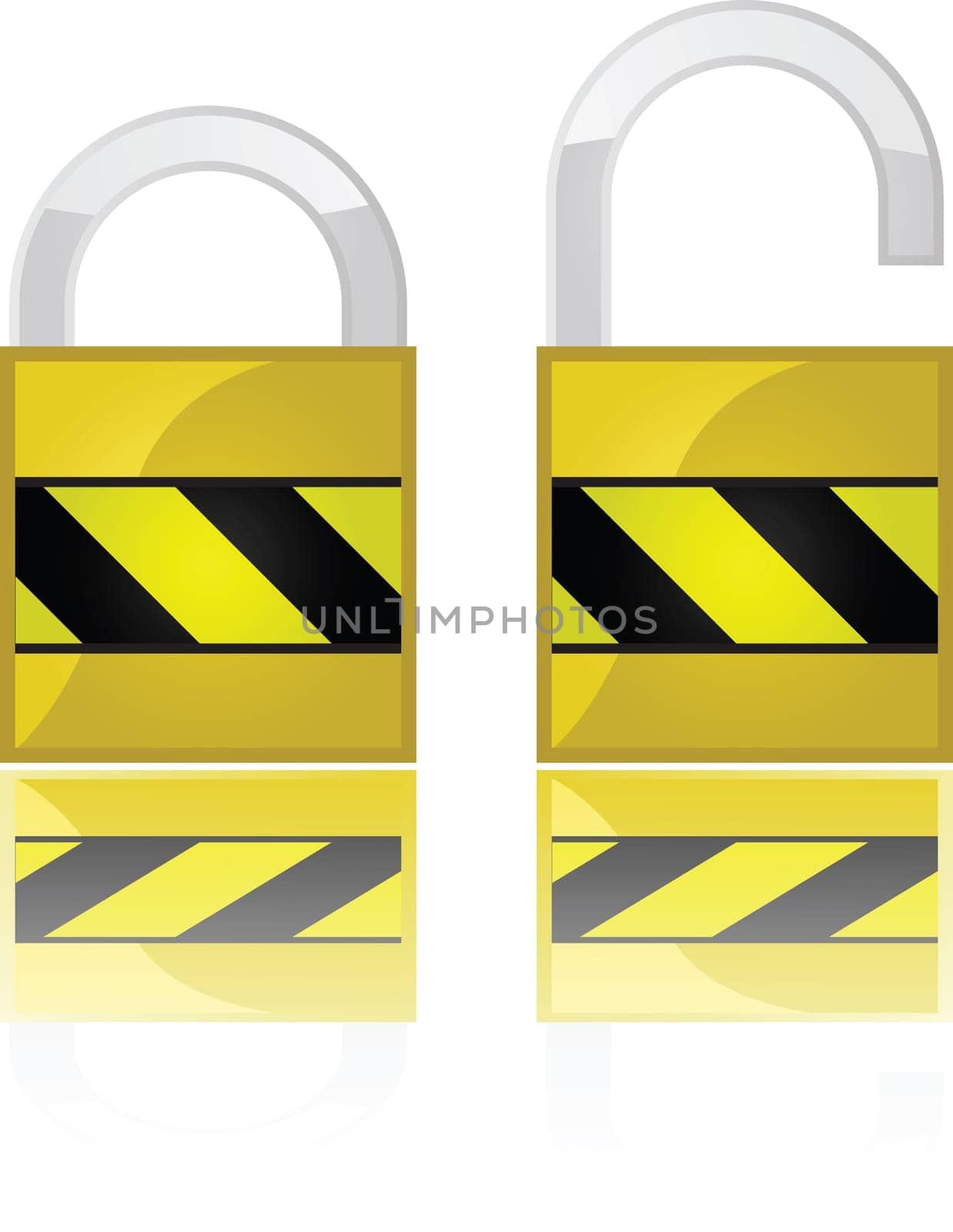 Glossy illustration showing two padlocks, one open and one closed