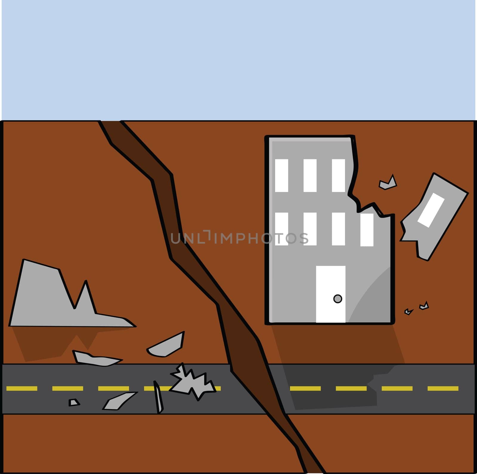 Cartoon illustration showing the destruction caused by an earthquake in a little town