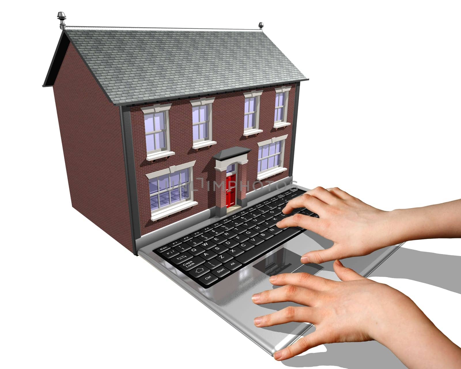 A laptop merged into a house representing the buying of a new home on the Internet.