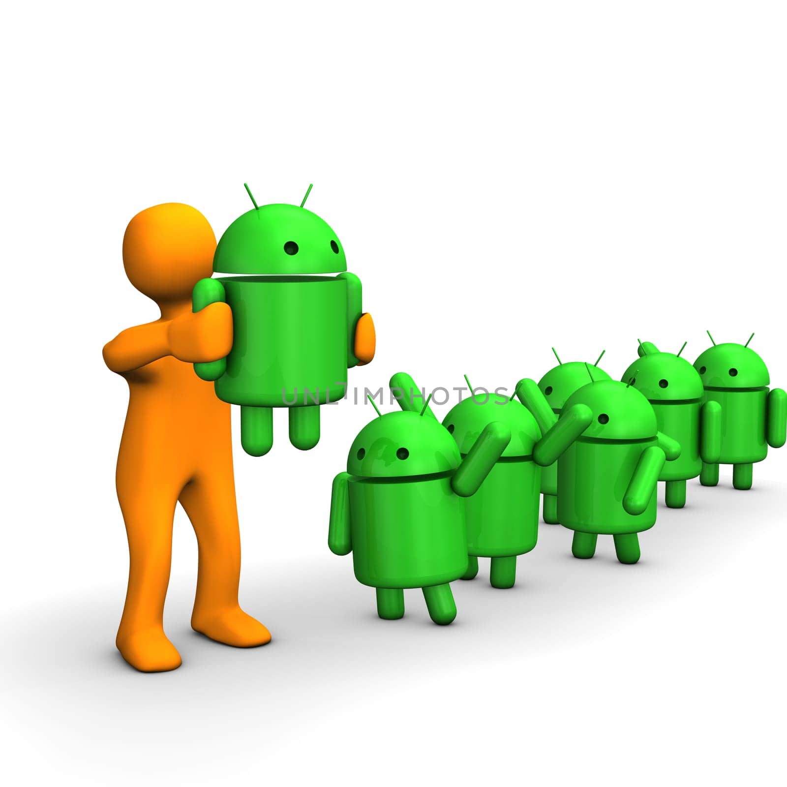 Orange cartoon chooses an Android robot (trademark of Google's operating system for smartphones).