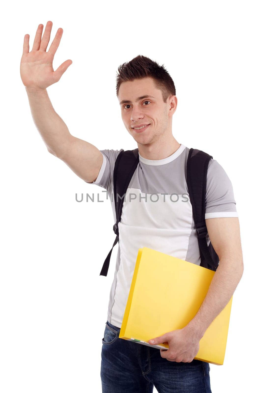 Isolated young student with back pack and yellow notebook