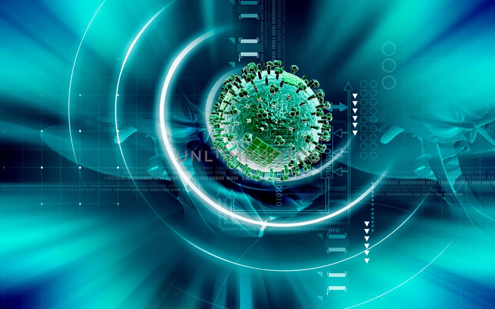 Digital illustration of influenza virus in colour background