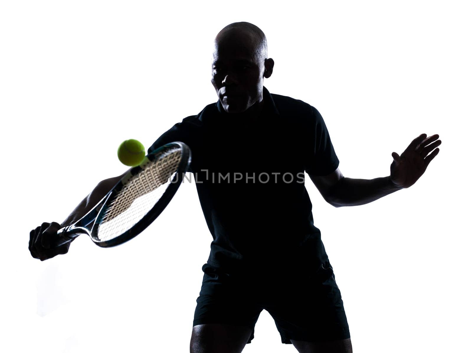 man african afro american playing tennis player backhand, on studio isolated on white background