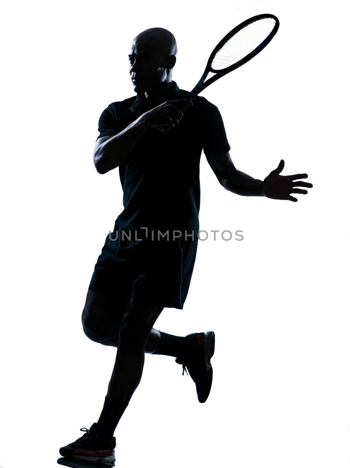man african afro american playing tennis player forehand on studio isolated on white background