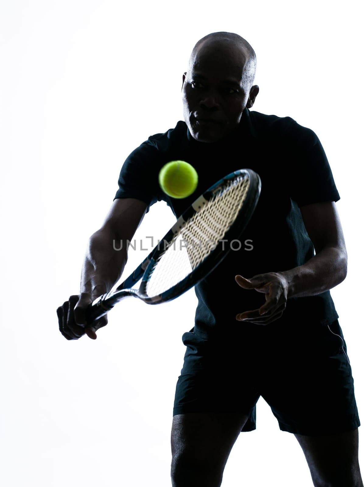 man african afro american playing tennis player backhand, on studio isolated on white background