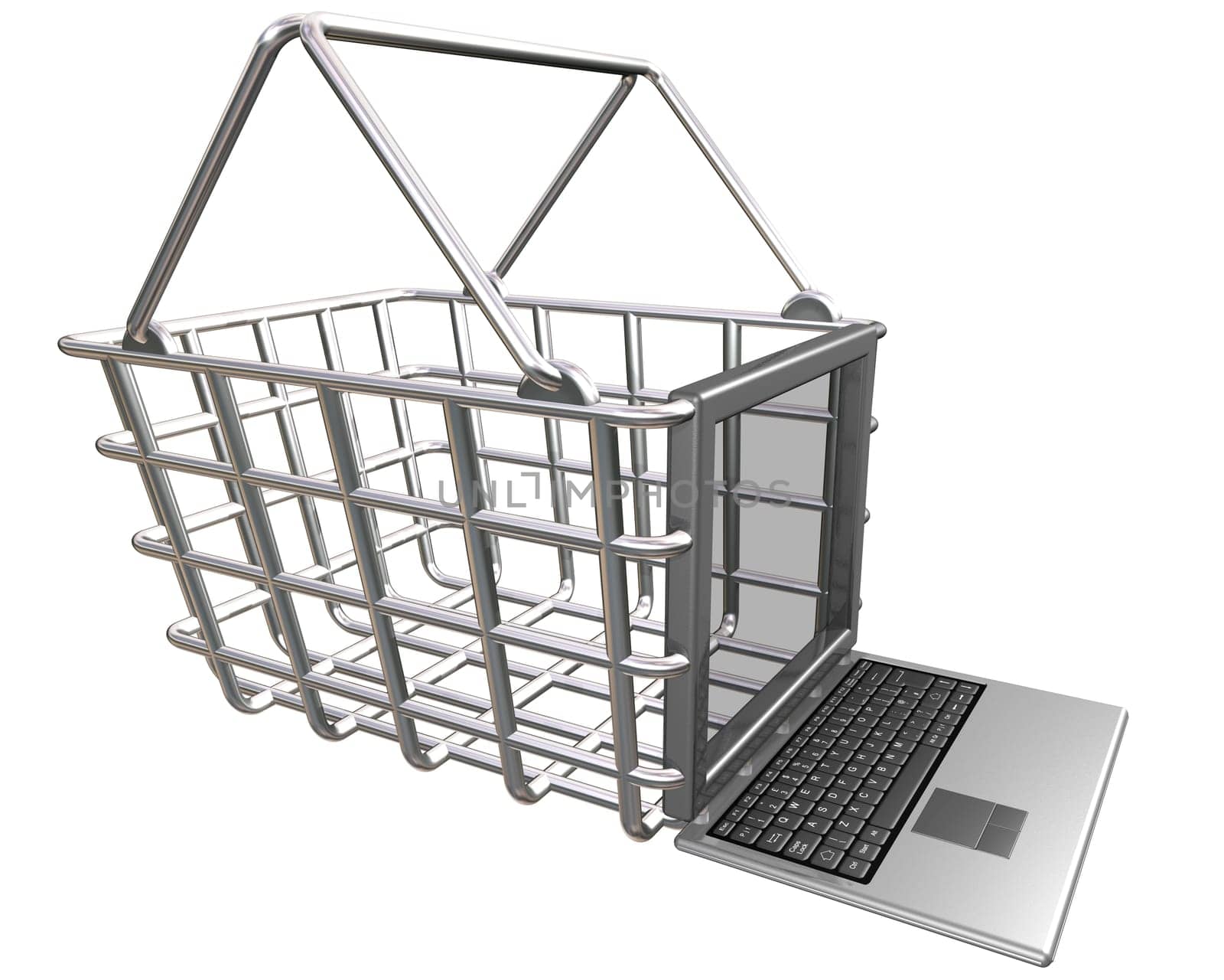 Internet shopping basket with a laptop computer looking into the basket