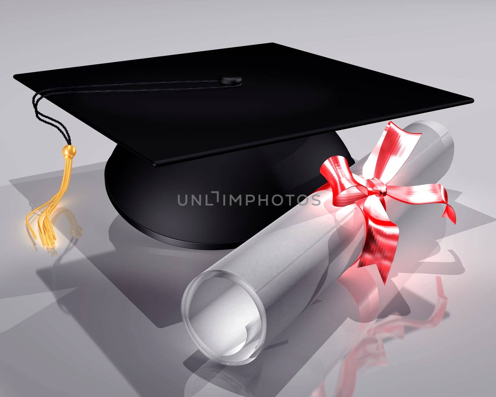 Illustration of a mortar board and diploma tied with a ribbon
