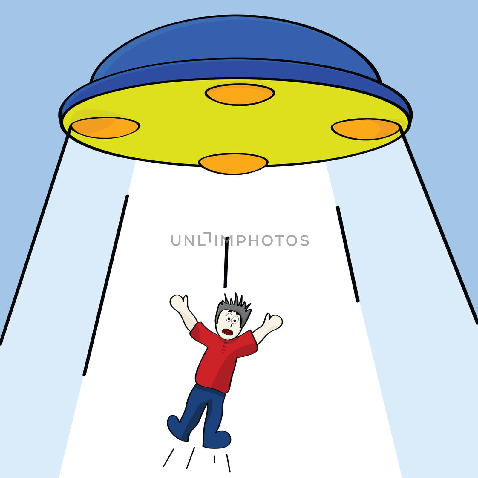 Cartoon illustration showing a man being abducted by a flying saucer