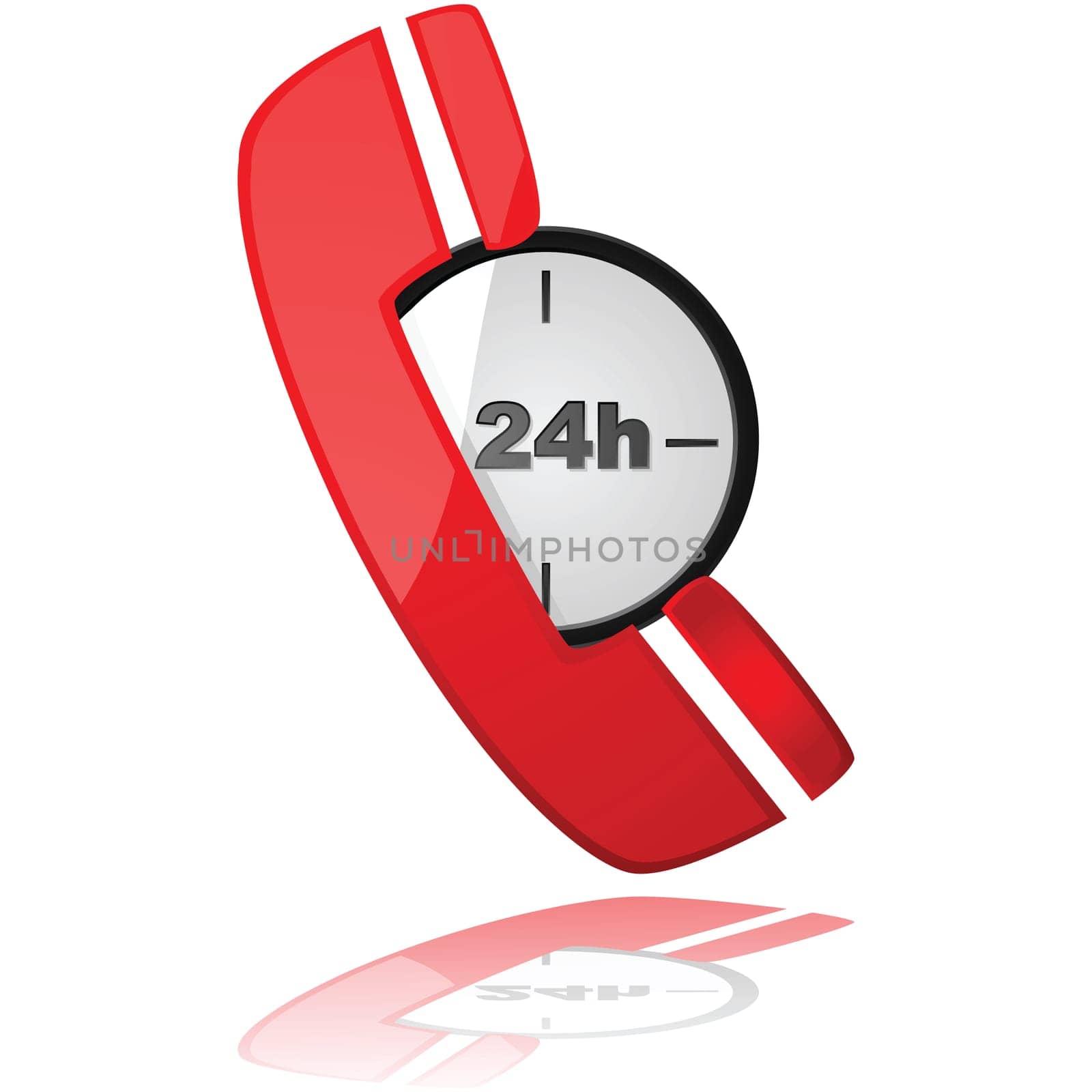 Glossy illustration showing a phone icon over a clock, to symbolize a 24-hour service